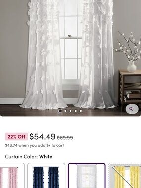 54” wide 84” long White Sheer Floral Appliqué Curtain Panels